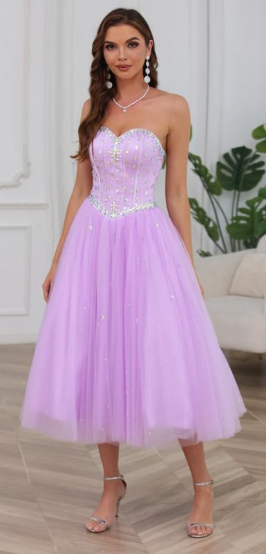 Image of Likedpage Women's Strapless Tea Length Prom Dress, Tulle Ball Gown with Crystal Beading, Corset Back
