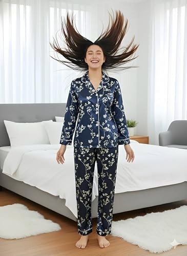 Image of Night Suit for Women with Full Sleeve Button-Down Top with Pant Dress for Woman, Night Dress for Woman, Lycra Two-Piece Loungewear Set