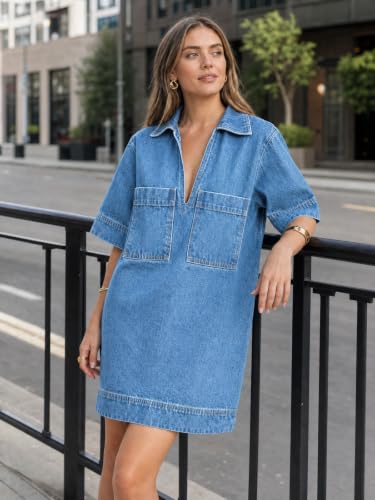 Image of Fisoew Womens Denim Shirt Dress Summer Collared V Neck Mini Casual Jean Dresses with Pockets