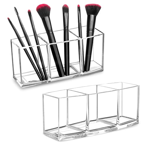 HBlife 2 Pack Clear Makeup Brush Holder Organizer, Acrylic Cosmetic Brushes Storage with 3 Slots, Eyeliners Display Case for Vanity