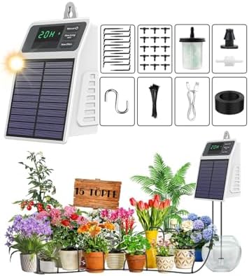 SLOYONGZ Automatisches Solar-Bewässerungssystem mit Timer – Tropfbewässerung für Außen & Zimmerpflanzen, wiederaufladbar, hängbar für Balkon, Terrasse & Gärten,15 Tropfer