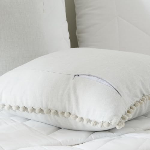 Image of 100% Cotton Pom Pom Cushion Without Filler, Elegant & Modern Cushion Cover for Living Room, Square Shape, 20 inchx20 inch, uni Chambray, Set of 4 - L.Gray