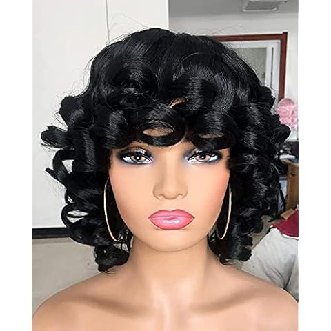 Annivia Short Curly Wig for Women with Bangs Big Bouncy Fluffy Kinky Curly Wig Soft Synthetic Short Curly Afro Wig （Black） Cover