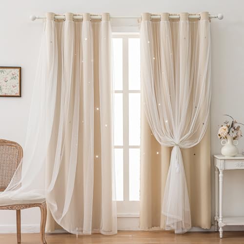 Double Layer Curtains for Kids and Girl Bedroom Beige 52Wx84L 2 Panels