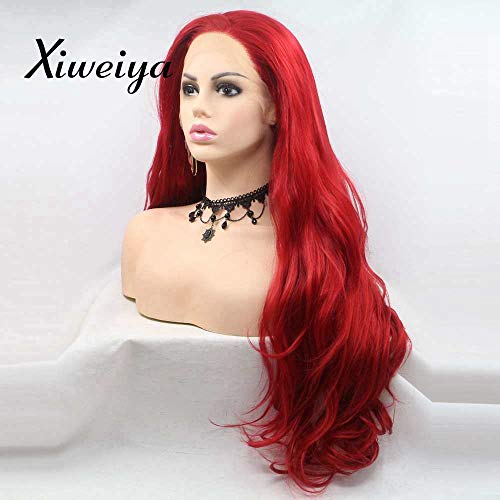 Xiweiya Wigs Mermaid's Long Red Hair Side Part Synthetic Lace Front Wigs With Heat Resistant Fiber Red Color Soft Nature Wave Wig For Women, Drag Queen Cosplay Hair Replacement Wig 24 Inch #TOP3