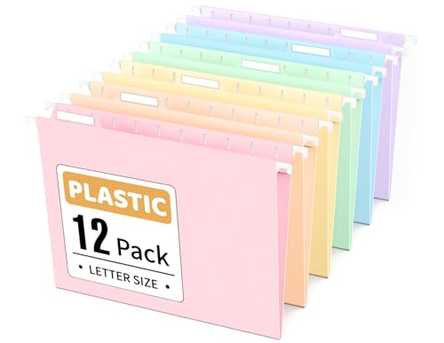 Sooez Tear-Resistant Plastic Hanging File Folders Letter Size, 12 Count File Organizer Suitable for File Cabinet Filing Cabinets, 1/6-cut Adjustable Tabs for Office, School, Pastels Colors, Pink