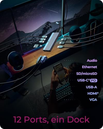 Estación de acoplamiento USB-C triple monitor HDMI VGA y concentrador de puertos Gigabit LAN 2