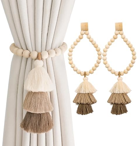 2pcs Wooden Bead Curtain Tiebacks, Boho Tassel Magnetic Curtain C...