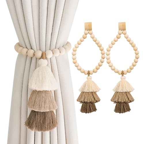 BDHRKTE 2pcs Wooden Bead Magnetic Curtain Tiebacks, Boho Tassel Magnetic Curtain Clasp, No Hole...