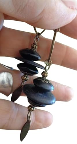 ⊹⊱✿❃ 9 CM LANGE SCHWARZE HOLZ & KOKOS TROPFEN OHRRINGE IN BRONZE❃ ✿⊰⊹ lange vintage Ohrringe mit Holz Linsen und robustem Anhänger