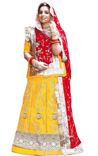 Image of Heavy Embroidery Work Semi Stitched Shimmer Silk Rajputi Poshak For Women Rajasthani Lehenga Choli