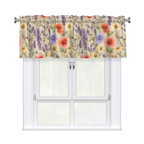 mutakin Wildflowers Valance Curtain for Kitchen Window Light Filtering Rod Pocket Small Short Valances for Living Room Bathroom 1 Panel 52x18 Inch