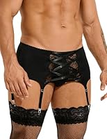 ohyeahlady Sissy Dessous Männer Gay unterwäsche Herren mit 4 Clips Spitze Reizwäsche Große Größen Strumpfgürtel Breit Strumpfhalter Oberschenkel Strumpfband Garter Belt mit 3 Haken Schwarz L