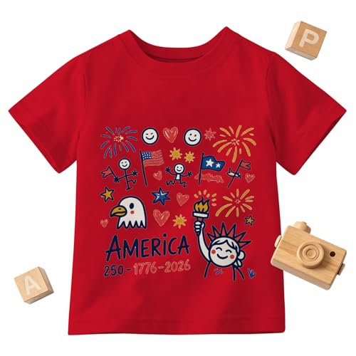 Happy 250 America Shirt Kids 4th of July Toddler Shirts-1776-2026 Doodle Patriotic 250th Anniversary Tee USA 3-8T Top
