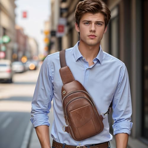Full-Grain Leather Crossbody Bags for Men Women, Vintage Genuine Leather Sling Bag, Trendy Casual Chest Bag, Light Brown2