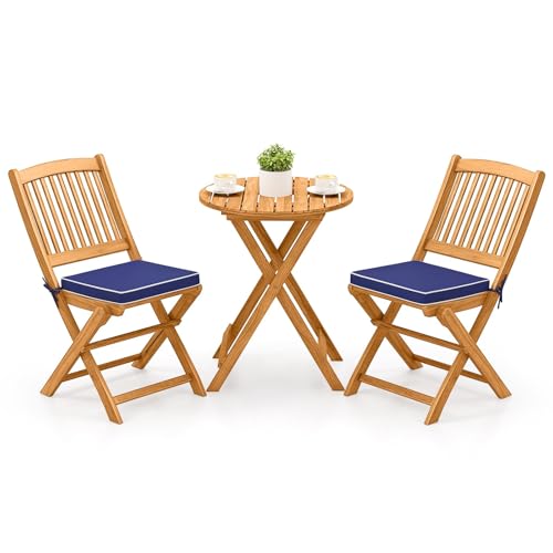 Image of Tangkula 3 Pieces Acacia Wood Patio Folding Bistro Set, Outdoor Table and Chairs Set with Soft Cushions, Patio Furniture Set for Porch, Balcony, Garden, Deck and Backyard
