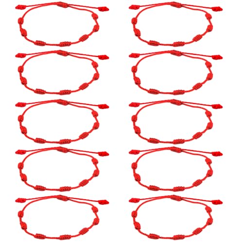 10-Piece Adjustable String Bracelets - 7 Knots Style, Red Cord, Braided Bracelet Amulet for Protection, Good Luck, Friendship, Lovers