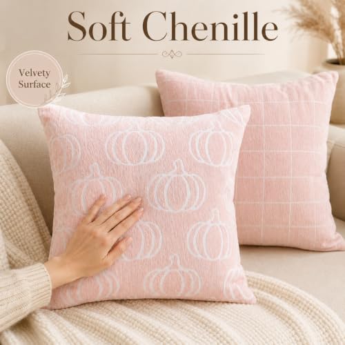 Image of Fall Pumpkin Chenille Pillow Covers,Autumn Decor (Pink,20x20) | Double-sided pumpkin and plaid designs, thick chenille texture, hidden zipper, for couch, sofa, bed, farmhouse autumn decor