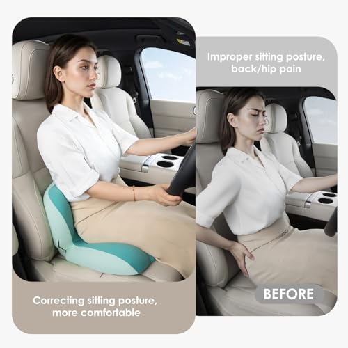 Image of FLORICH Memory Foam Truck Seat Cushion with Adjustable Strap,Seat Cushion and Lumbar Support Pillow for Car Office Chair, Ergonomic Back Support & Sciatica Relief for Long Drives（Green