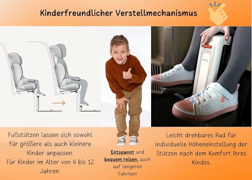 OKIDAY Kindersitz Fußstütze für Kinder 4 bis 12 Jahre für korrekte & bequeme Sitzposition| Farbe Orange | Fußstütze Kindersitz Höhenverstellbar - TÜV Zertifiziert