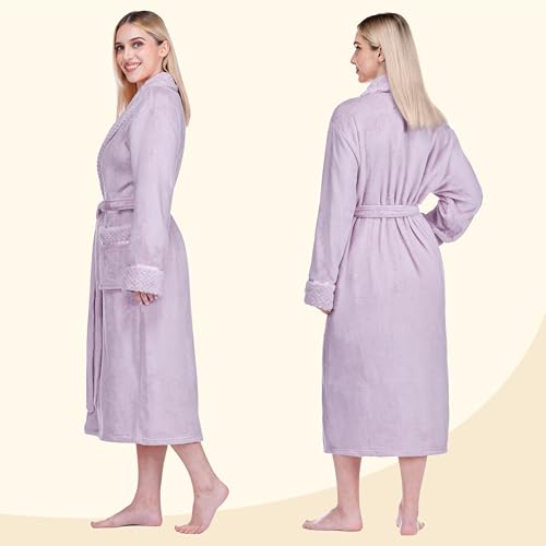 Image of PAVILIA Women's Plush Fleece Robe, Soft Cozy Long Bathrobe with Satin Waffle Trim, Warm Lightweight, Pockets & Tie Belt