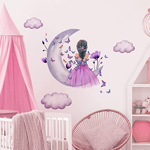 Butterfly Girl Wall Stickers, Moon Flower Fairy Wall Decal,Pink Floral Wall Decor Colorful Butterflies,Removable Vinyl Diy Wall Art For Girls Baby Nursery Room #TOP2