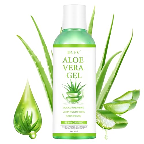 IREV 99.9% Organic Aloe Vera Gel for Face, Hair, Sunburn Relief,Pure Aloe Vera Soothing Gel for Skin Care, Acne, After SunRepair, After Shave, No Sticky Residue, Moisturizing QuickAbsorbing 200ml