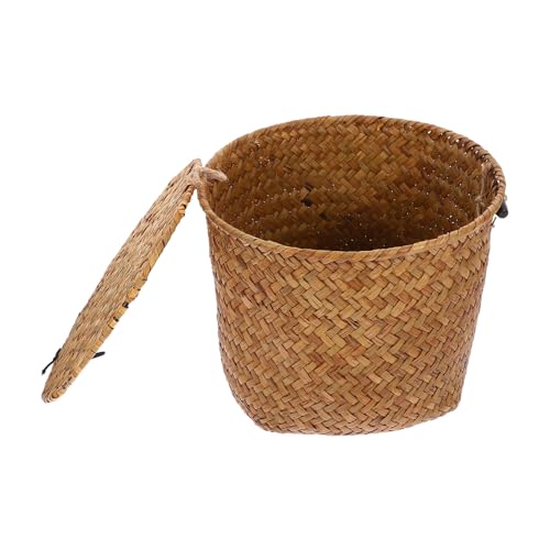Yardwe Cesta Tejida Pequeña Redonda Tapa, Organizador Multifunción para Escritorio, Almacenamiento Compacto para Papel Higiénico y Artículos Diversos, Cestas Organizadoras para Estantes