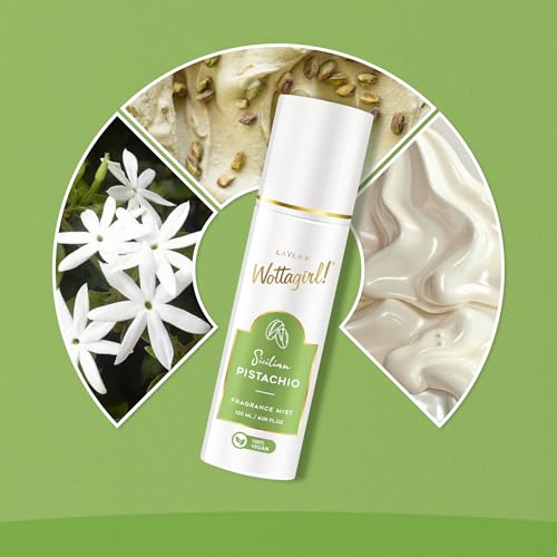 Image of Layer'r Wottagirl Sicilian Pistachio Fragrance Mist for Women 120ml | 100% Vegan | Sweet Pistachio, Bergamot & Vanilla Scent | Long-Lasting Body Mist | Alcohol-Free | IFRA Certified