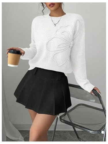 Image of Verdusa Women's Spring 3D Flower Appliques Crewneck Sweaters Long Sleeve Drop Shoulder Pullovers Knit Going Out Tops