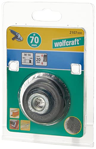 wolfcraft Stahldraht-Topfbürste für Winkelschleifer, Ø 70 mm I Entrosten & Reinigen I Stahl Draht gewellt M14 Gewinde zur Vorbereitung von Löt- und Schweißarbeiten - 2107000