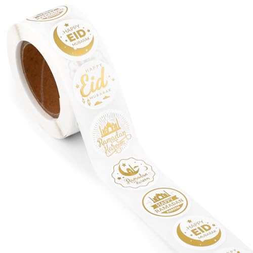 2 Rollos Pegatinas Ramadán Mubarak, 2,5cm Eid Mubarak Decoración Lámina Dorada Pegatinas Islam Etiquetas Eid Al Adha Calcomanías para Regalos de Fiesta para Decoraciones de Fiesta Eid para Niños