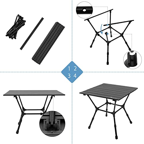 Moon Lence Camp Table, Aluminum Outdoor Folding Tables, Roll Up Top 4 People Portable Camp Square Tables With Carry Bag For Picnic/Cooking/Beach/Travel/Bbq(19" X 20" W/Carry Bag),Black #TOP4
