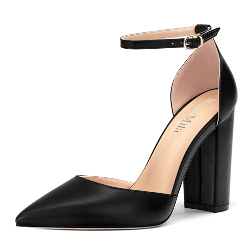 Ankle Strap Heels for Women,Chunky Block Closed Pointed Toe Matte