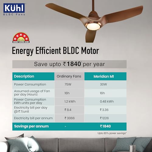 Image of KUHL Meridian M1 1200MM 65% Power Saving BLDC Ceiling Fan With Remote | BEE 5 Star Rated & ISI Marked | High Air Flow | Down Light & Reverse Mode | 5 Year Warranty on Motor | Free Installation |Brown