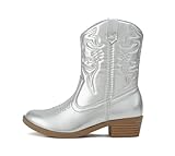 SODA RENO-2 Kids/Girls/Children Western Cowboy Stitched Pointe Toe Low Heel Ankle Mid Shaft Fashion Boots,Silver 5