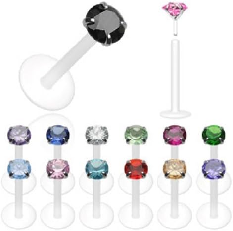 Bio-Flex Shaft with Push-in .925 Silver Prong Gem Labret/Monroe 16g 3/8"
