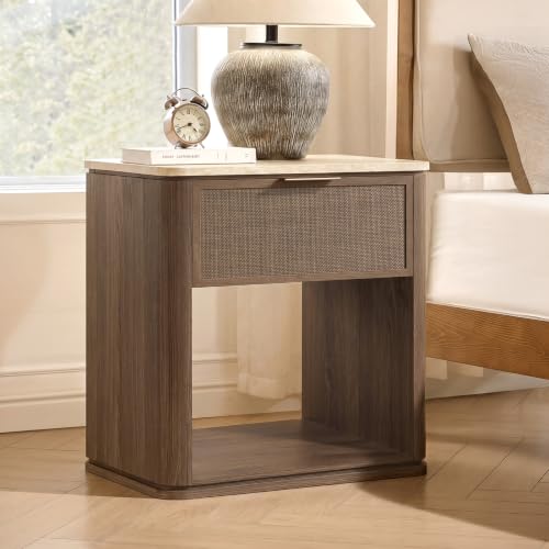 Image of Night Stand Set of 2, 23.11 inch W Rattan Nightstand with 1 Drawer and Open Shelf, Faux Marble Top Bedside Table, Boho Mid Century End Table for Bedroom Living Room Office, Dark Oak [FSC Certified]