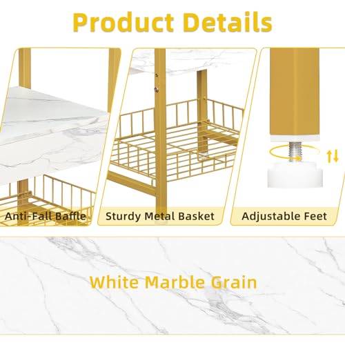 YAHARBO White and Gold Side Table Set of 2,3-Tier Small End Table with Storage Basket,Modern Nightstand with Metal Frame and Marble Grain, Bedside Tables for Living Room,Sofa Tables for Small Spaces