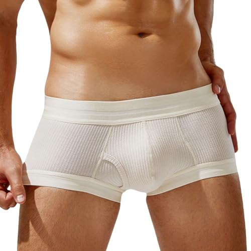 Mens Trunks Underwear Soft Ribbed Cotton Boxer Briefs for Men Low Rise Breathable Stretchy Comfort Pouch Design