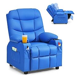 Costzon Kids Recliner Chair with Cup Holder, Adjustable Leather Lounge Chair w/Footrest & Side Pockets for Children Boys…
