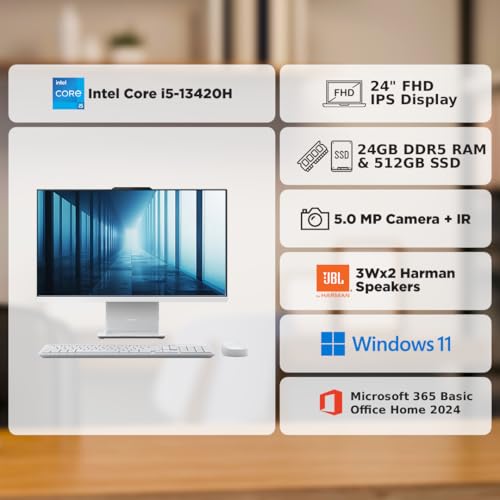 Image of Lenovo IdeaCentre AIO Intel Core i5-13420H 24 inch FHD (24GB RAM /512GB SSD /Win11 /Microsoft 365 Basic + Office Home 2024 /3Wx2 Harman /Wireless EOS Keyboard & Mouse,Grey) All-in-One Desktop