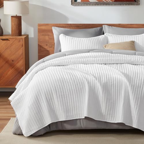 SLEEP ZONE Stripe Quilt Sets, King Bedspread Bed Coverlets for All Season Lightweight Quilts with 2 Pillow Shams 106x96 inch, Bright White - image 1