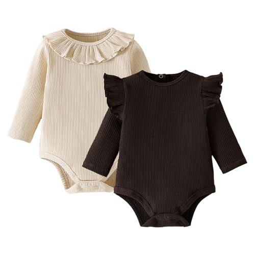 ROMPERINBOX Baby Girl Bodysuit 2 Pack, Long Sleeve Ribbed Knitted Onsies Ruffle Collar and Flutter Sleeve Fall Winter Clothes