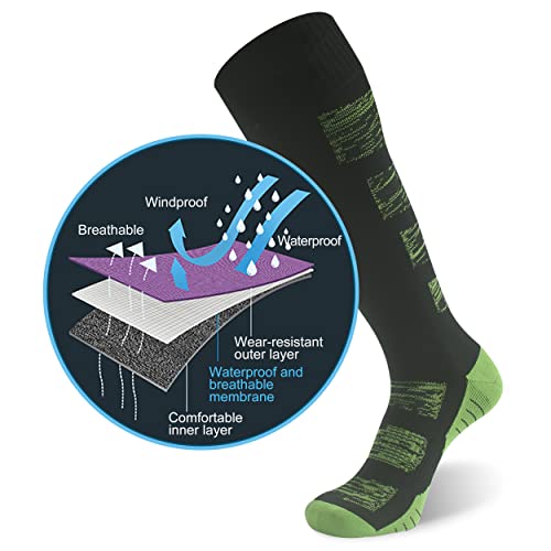 Randy Sun Waterproof Hiking Knee High Socks Men, Women Youth Summer Outdoor Sports Breathable Hiking Fishing Camping Socks Black&Green, Small #TOP2