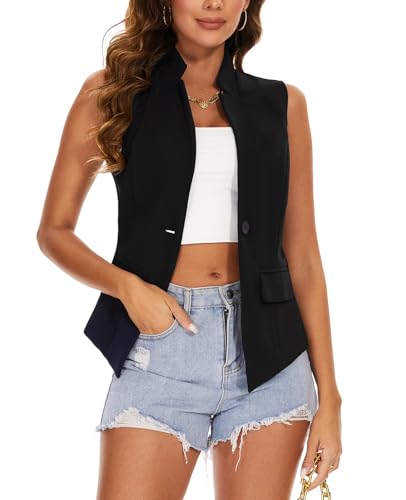 MINTLIMIT Women Button Front Sleeveless Blazer Vest Summer Casual Notch Collar Office Lightweight Vests Blazers with Pockets