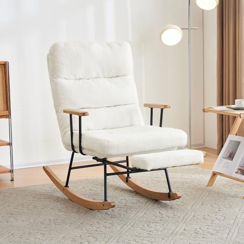 BTM Mid-Century Modern Rocking Chair, Tufted Nursery Chair with Footrest, Boucle Fabric, White&brown, Solid Wood, Metal Legs, Recliner for Relaxing, Living Room, Bedroom, Nursery Room