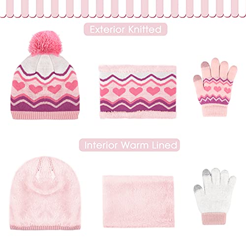 Kids Toddlers Winter Knit Warm Beanie Hat Scarf Gloves Set for Boys Girls Age 2-7, Pompom Cap Neck Warmer Gloves Fleece Lined3