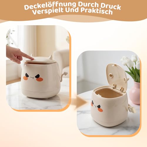 Valyrane Tischmülleimer mit Deckel – Mini Mülleimer 16x15x13cm, Tisch Mülleimer im Niedlichen Dämonen-Design, Praktisch für Zuhause & Büro
