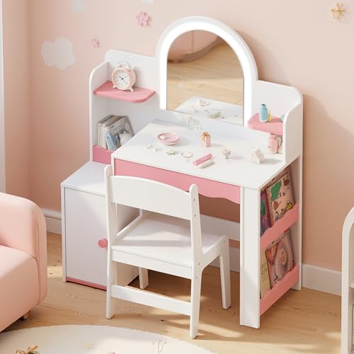 Image of Kids Vanity with LED Mirror and Chair, Girls Vanity Set with Storage Cabinet and Shelves, Toddler Vanity Table and Chair Set for Bedroom Playroom, Pink and White Girl Vanity for Ages 3-8